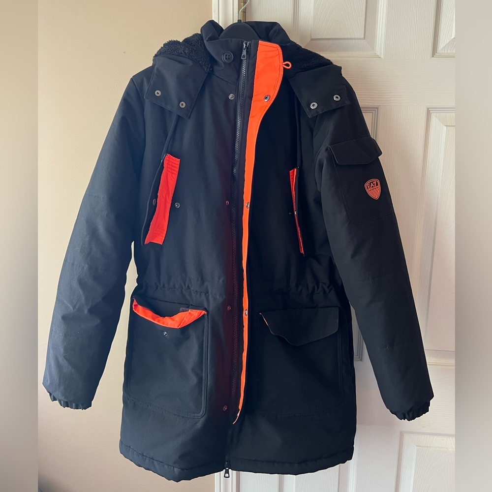 Medium slim fit Men’s black and orange Emporio Armani winter coat
